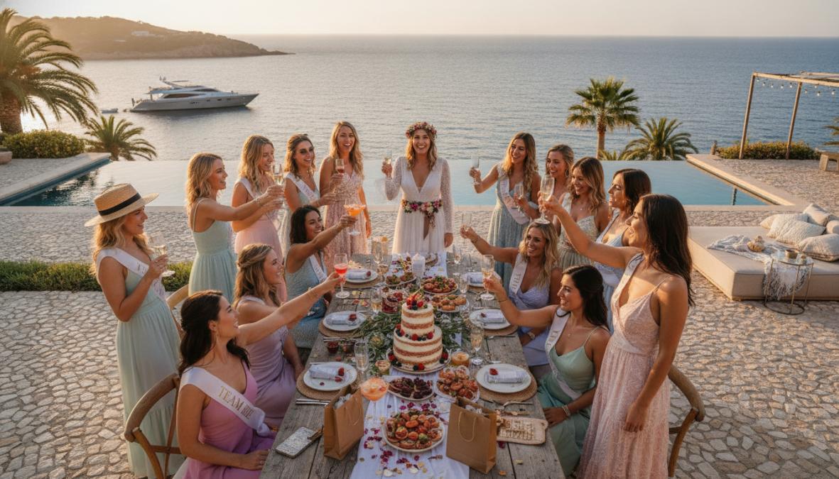 Grupo de amigas celebrando en una piscina de resort al atardecer, ideal para saber qué es un paquete de despedida soltera ...