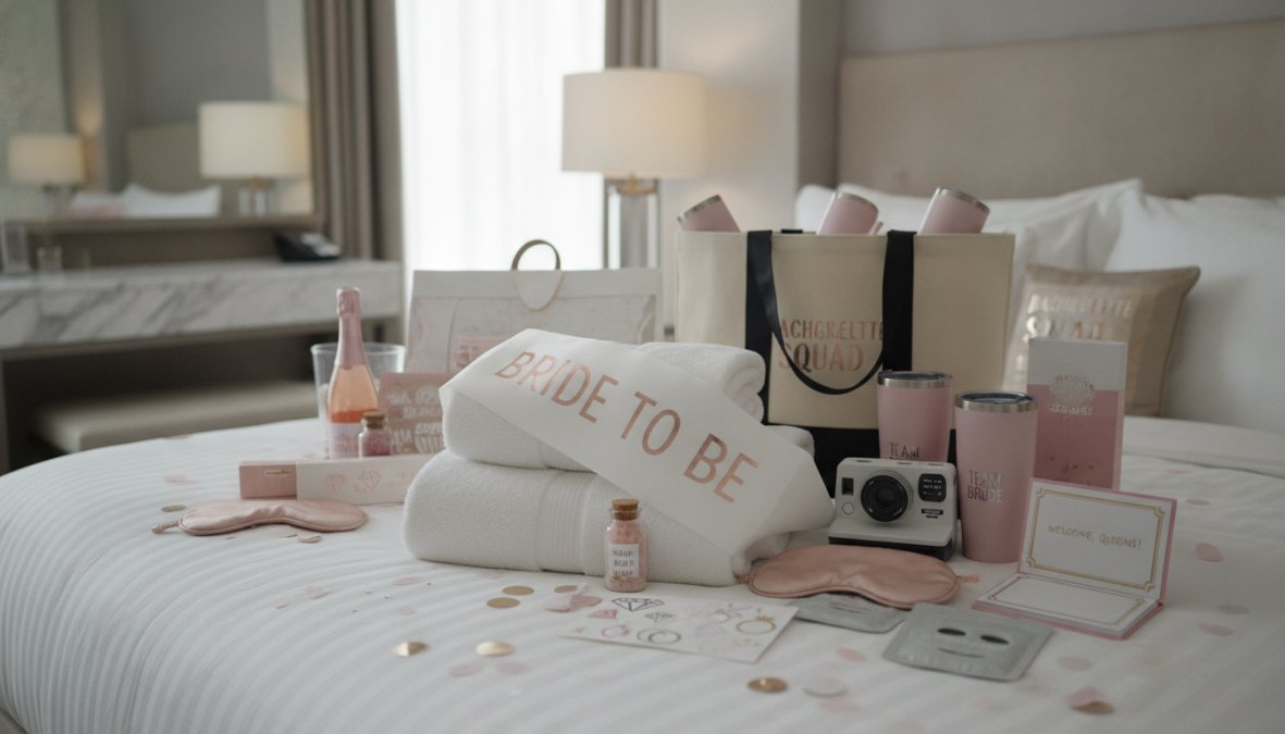 Primer plano de una habitación de hotel decorada para despedida de soltera con banda de novia, kit hangover, botella de champán, pétalos de rosa rojos y un cartel de bienvenida personalizado sobre la cama con ropa de cama blanca