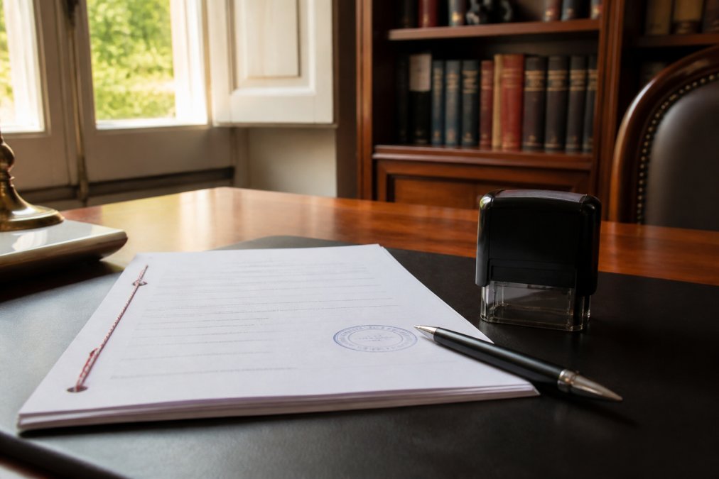 Primer plano del escritorio de un traductor jurado con un documento oficial sellado y firmado, un bolígrafo y un sello formal apoyados sobre una superficie de madera, iluminación natural de ventana lateral