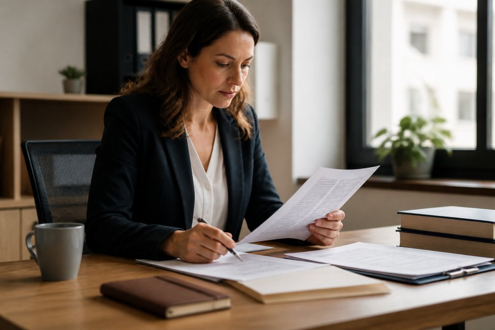 Profesional revisando documentos legales en un portátil y papeles impresos sobre un escritorio ordenado, con una taza de café y un bloc de notas a su lado, iluminación de oficina natural