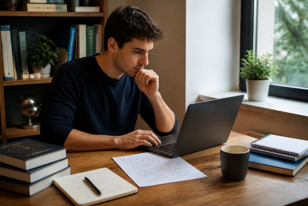 Joven profesional estudiando código en su portátil para saber qué estudiar para trabajar en ciberseguridad en 2026.