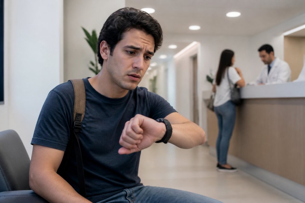 Persona joven mirando el reloj con expresión de urgencia, en una clínica moderna con iluminación clara, mostrando la tensión del tiempo crítico