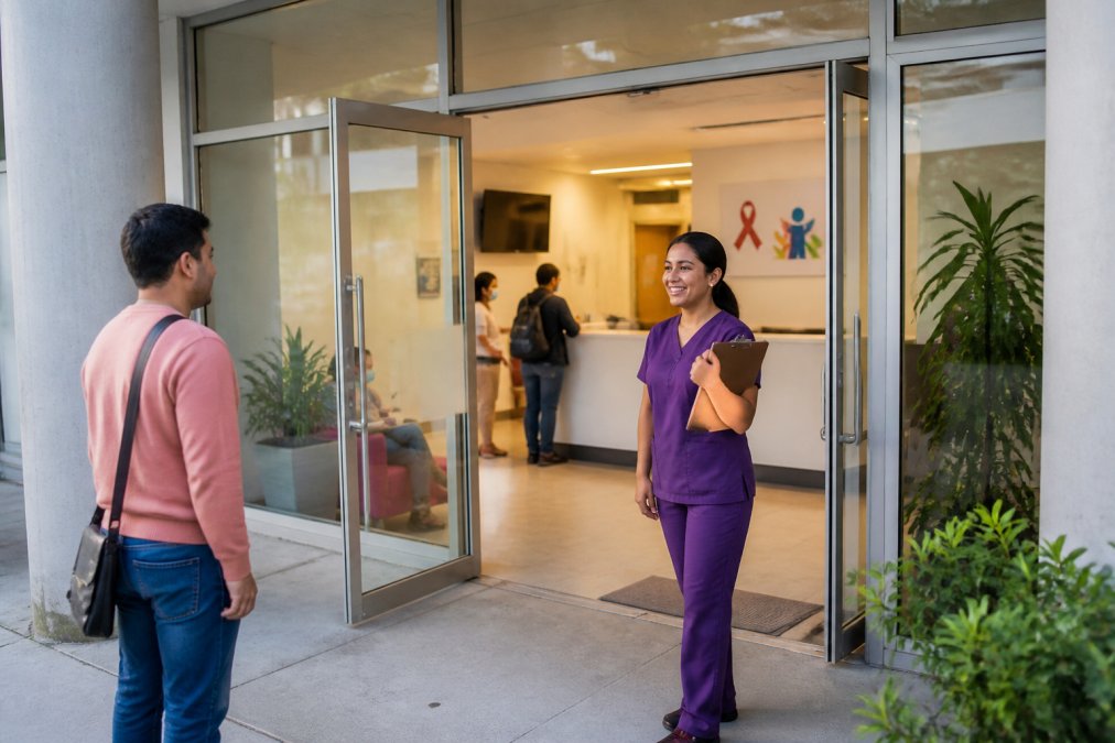 Entrada de una clínica de salud sexual moderna con señalización clara, personal médico accesible, ambiente profesional y acogedor