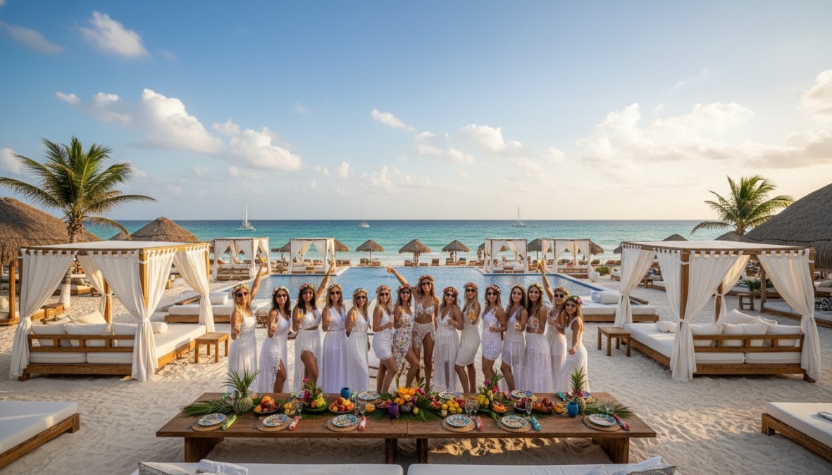 Grupo de mujeres celebrando una despedida de soltera en un beach club de lujo en Tulum, con decoración boho-chic en blanco, camas balinesas, bebidas tropicales y el mar turquesa del Caribe de fondo