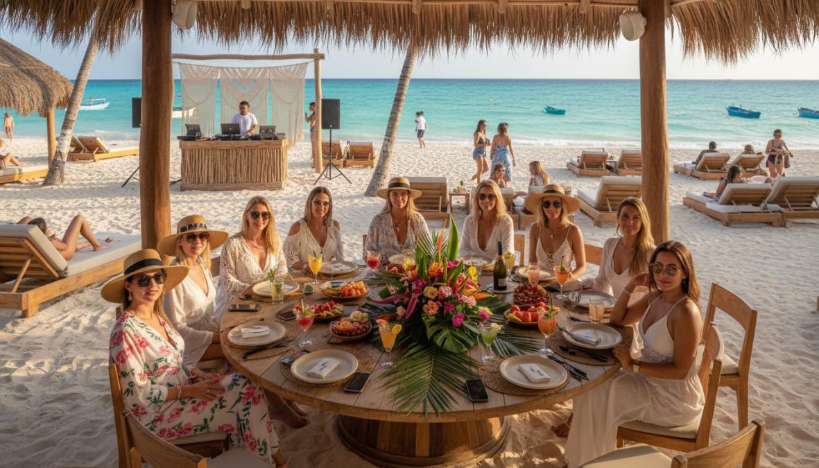 Mujeres nadando y riendo dentro de un cenote de agua cristalina en Tulum, rodeadas de vegetación selvática exuberante y formaciones rocosas naturales con luz solar filtrándose a través del agua