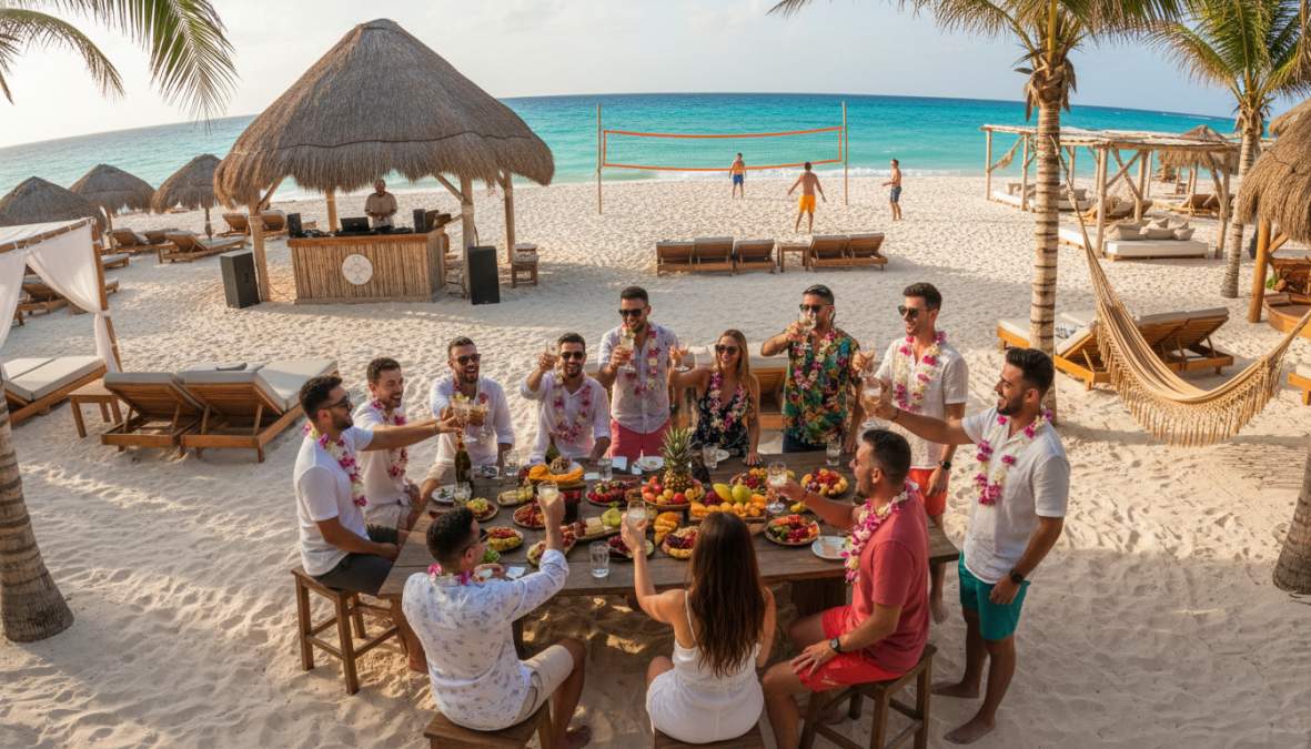 Grupo de amigos celebrando en camas balinesas frente al mar Caribe turquesa en un beach club de Tulum, sosteniendo cocteles coloridos, con decoración boho-luxury de telas blancas y palmeras bajo la luz dorada del atardecer