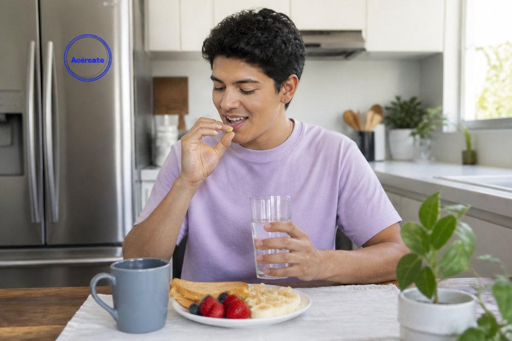 Persona tomando un comprimido de PrEP con un vaso de agua durante el desayuno en una cocina bien iluminada, mostrando una rutina diaria clara y organizada
