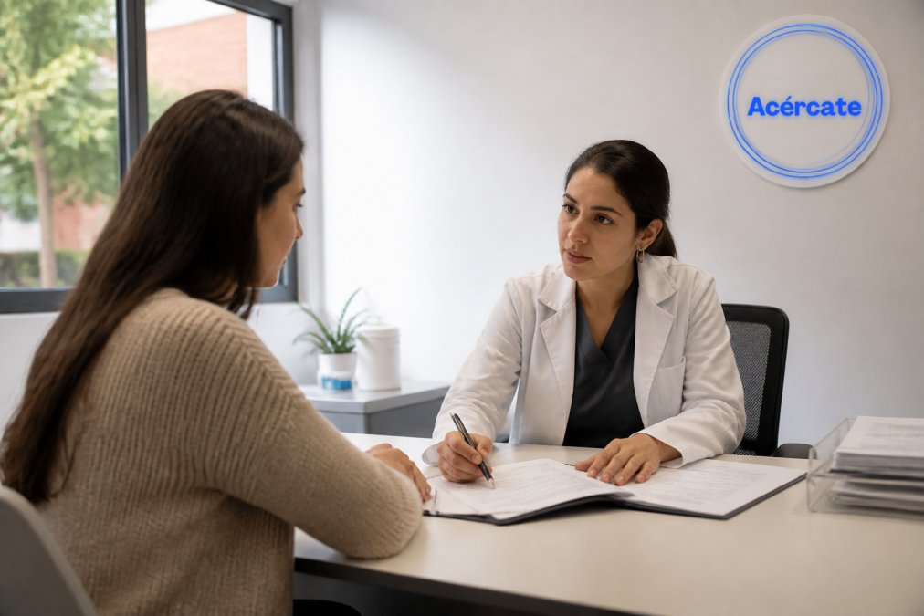 Persona consultando con un profesional de salud en una clínica moderna, en conversación seria y atenta, con documentación médica visible en el escritorio