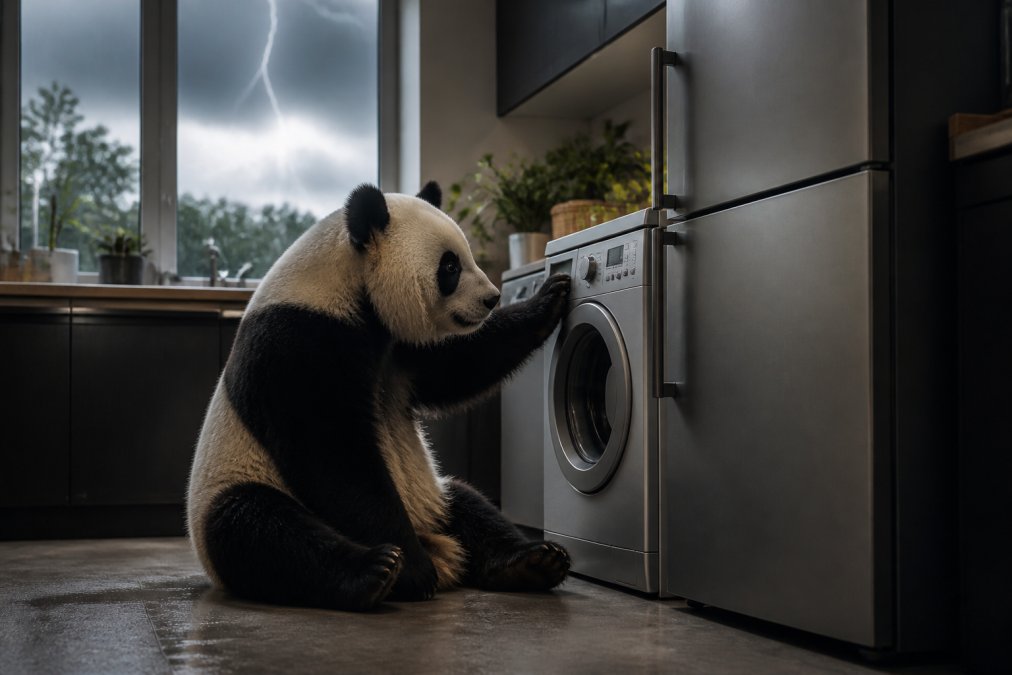 Un panda adulto sentado en el suelo de una cocina moderna junto a una lavadora y un frigorífico apagados, con la pata apoyada en el panel de control como si lo inspeccionara, luz natural entrando por la ventana tras una tormenta