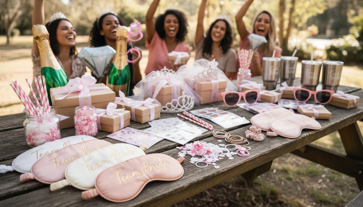 Grupo de cinco amigas sonrientes con bandas de team bride en color dorado, tiaras y accesorios de fiesta coloridos, brindando con copas de champán en una terraza decorada con globos y guirnaldas de luces bajo el sol de la tarde