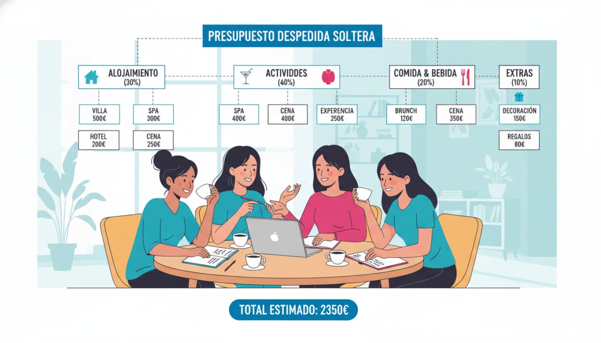 Grupo de cuatro mujeres jóvenes sentadas alrededor de una mesa de madera con libretas abiertas, un portátil y tazas de café, revisando notas y planificando juntas en un espacio luminoso y acogedor con luz natural