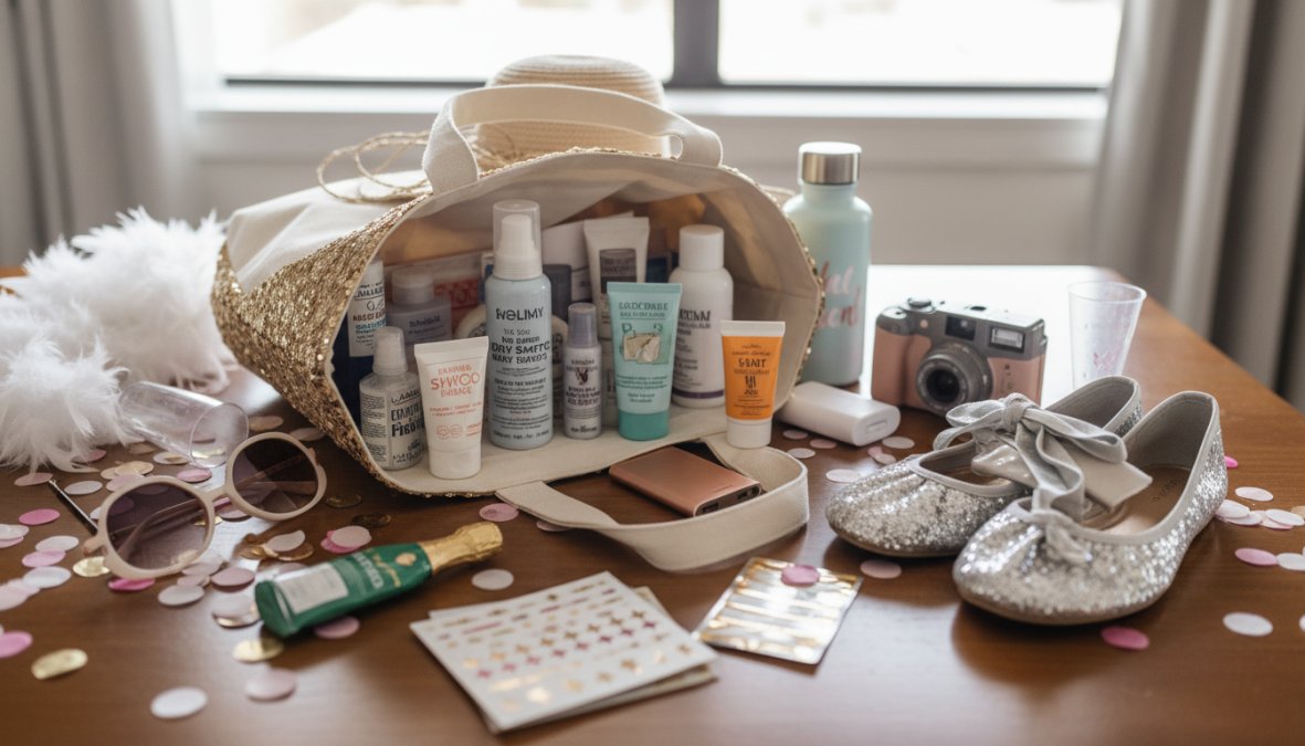 Flat lay fotográfico de una maleta abierta sobre una cama blanca con artículos de despedida de soltera ordenados visualmente: banda de novia, botiquín pequeño con tiritas y ibuprofeno, accesorios de fiesta rosas, protector solar, snacks y botella de agua reutilizable
