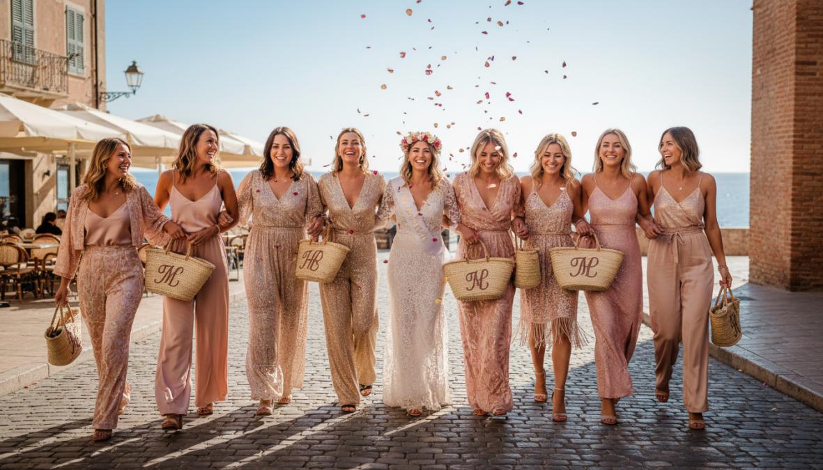 Grupo de cinco amigas sonriendo en una terraza soleada con luz de tarde, vestidas con outfits coordinados en blanco y rosa para una despedida de soltera, una de ellas con banda y velo de novia festivo, todas con actitud desenfadada
