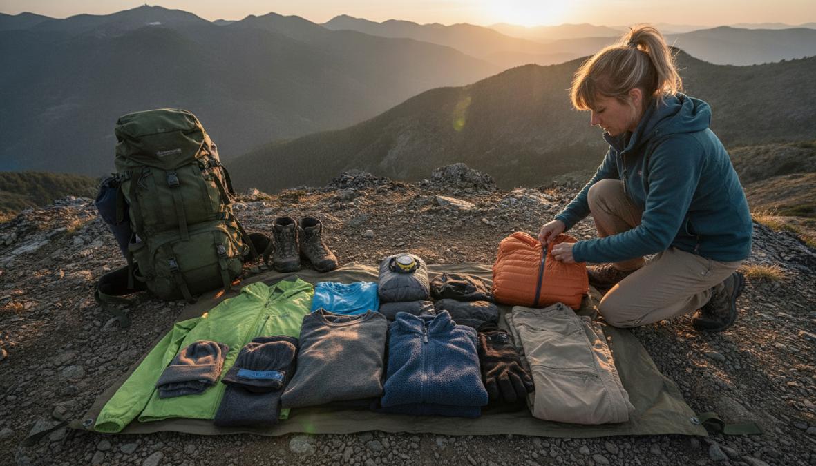 Viajero con ropa técnica y capas inteligentes para saber que llevar en un viaje de aventura en climas variados.