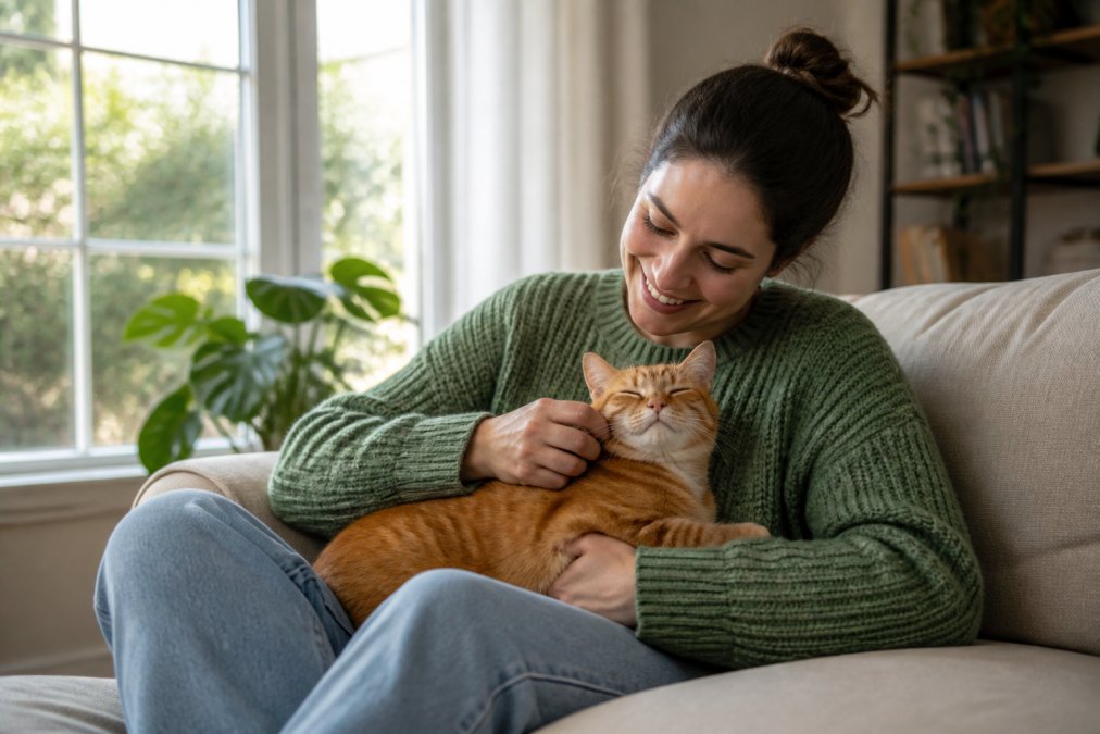 Una persona sonriente acariciando a un gato naranja en un sofá de una sala de estar luminosa, con luz natural entrando por la ventana