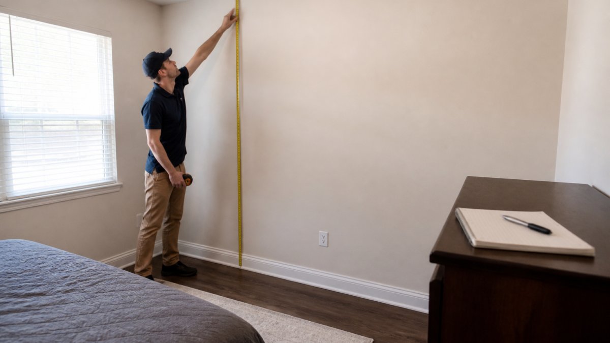 Homeowner using a tape measure to record wall space and ceiling height in a small bedroom for furniture planning