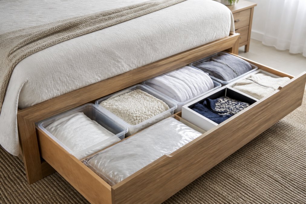 Neatly organized bedding and seasonal clothes inside queen storage bed drawers using clear bins and vacuum-sealed bags.
