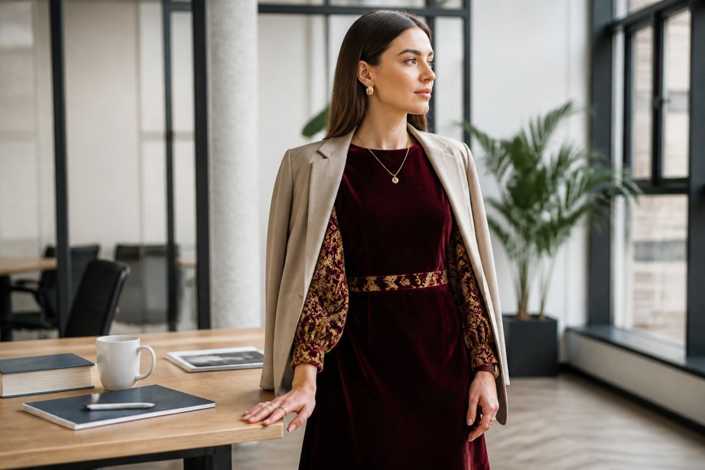 Woman wearing a bold velvet statement dress with brocade sleeves styled with a tailored neutral blazer and simple gold jewellery, photographed in a modern office setting with natural window lighting