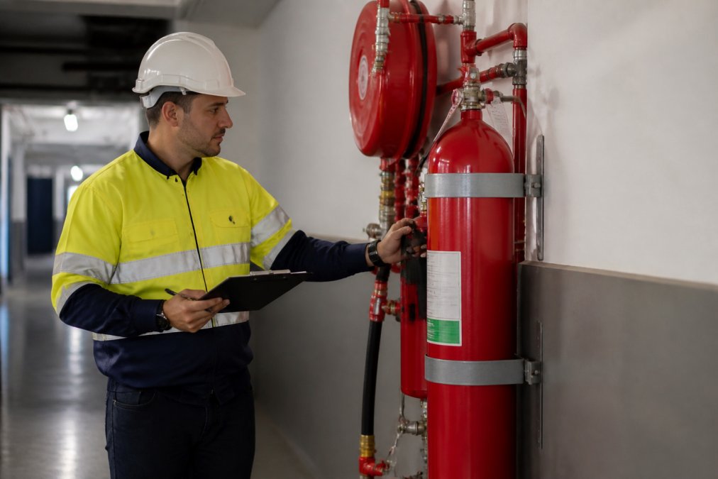 Professional fire safety inspector in high-visibility safety gear conducting detailed inspection of fire extinguisher and suppression equipment mounted on commercial building corridor wall with bright overhead lighting