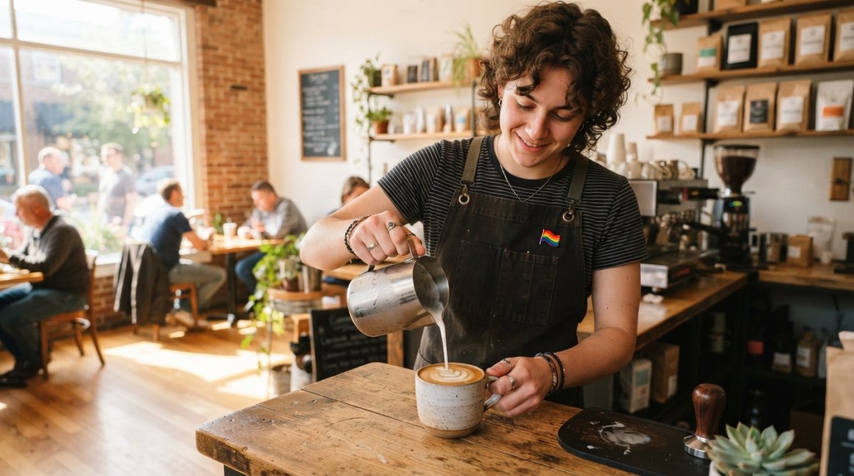A barista in a bright, modern cafe pouring steamed milk into a ceramic mug, rainbow flag pin on their apron, warm morning light through the window