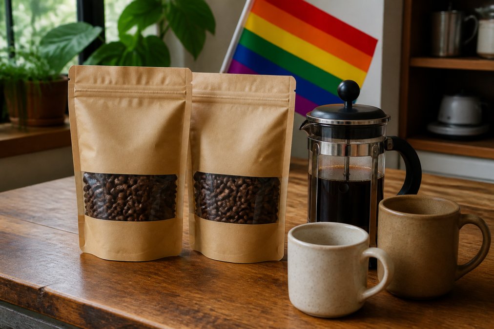 Two bags of queer coffee and Lez Beans beside a French press and mugs with a rainbow flag on a wooden counter.