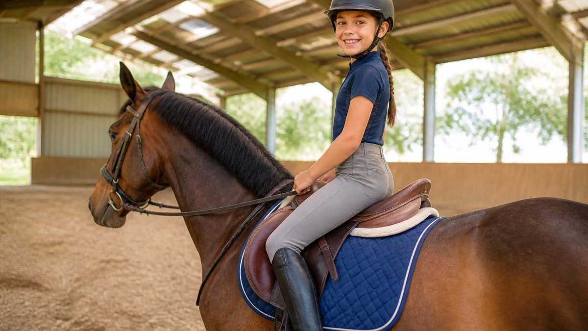 Jeune cavalière souriante à cheval portant une tenue technique et un casque de sécurité dans un manège lumineux.