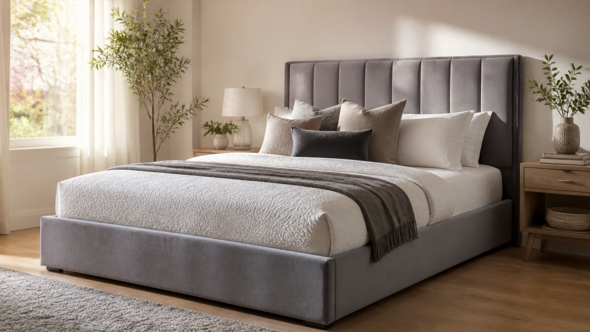 Grey velvet queen platform bed with padded headboard in a bright bedroom with wood flooring.