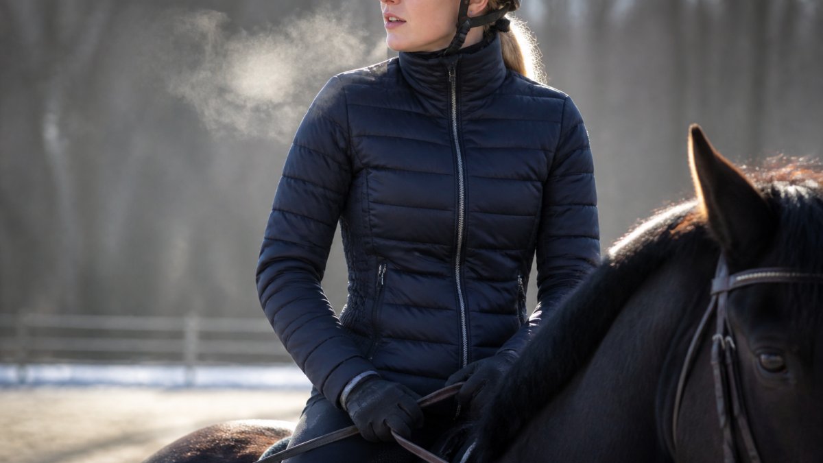Cavalière en veste matelassée ajustée à cheval dans une carrière en hiver, lumière froide du matin, vapeur de respiration visible, plan rapproché sur le col montant et la fermeture zippée