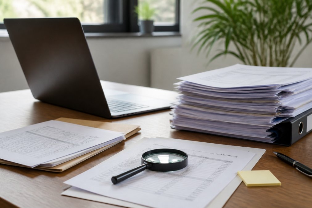 Arbeitsplatz mit Laptop, Dokumenten, Kontoauszügen und Lupe zur Überprüfung von Steuerbescheinigungen