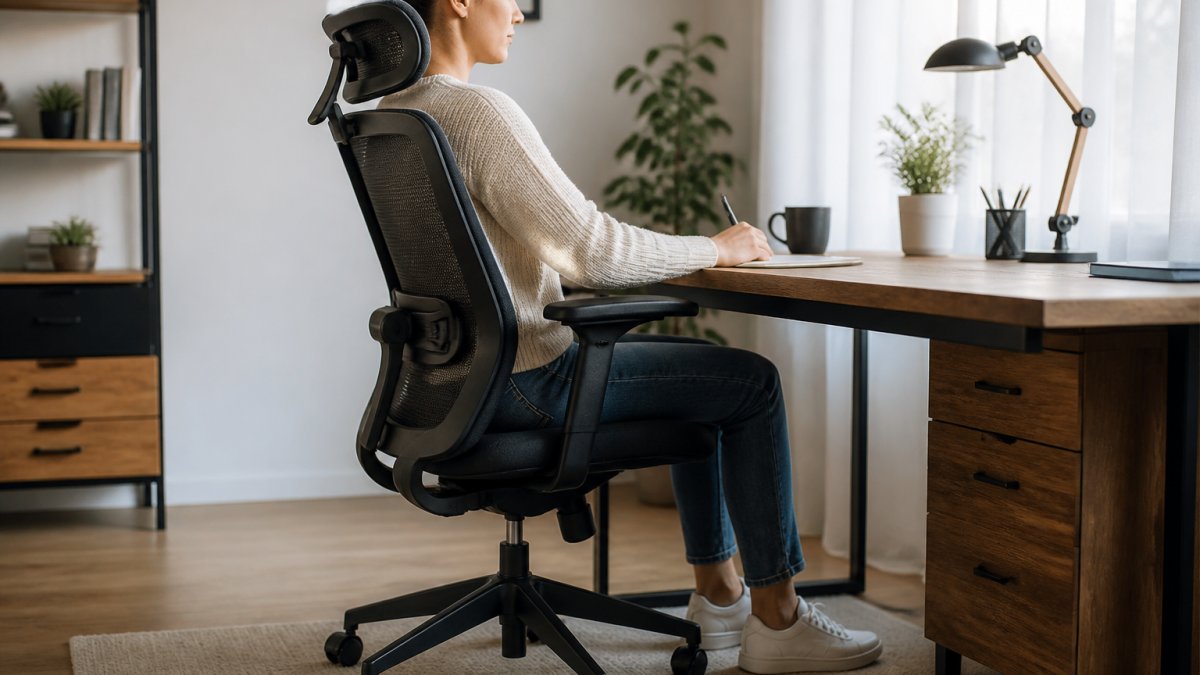 Personne assise sur un fauteuil ergonomique avec une posture droite et un soutien lombaire adapté au travail.