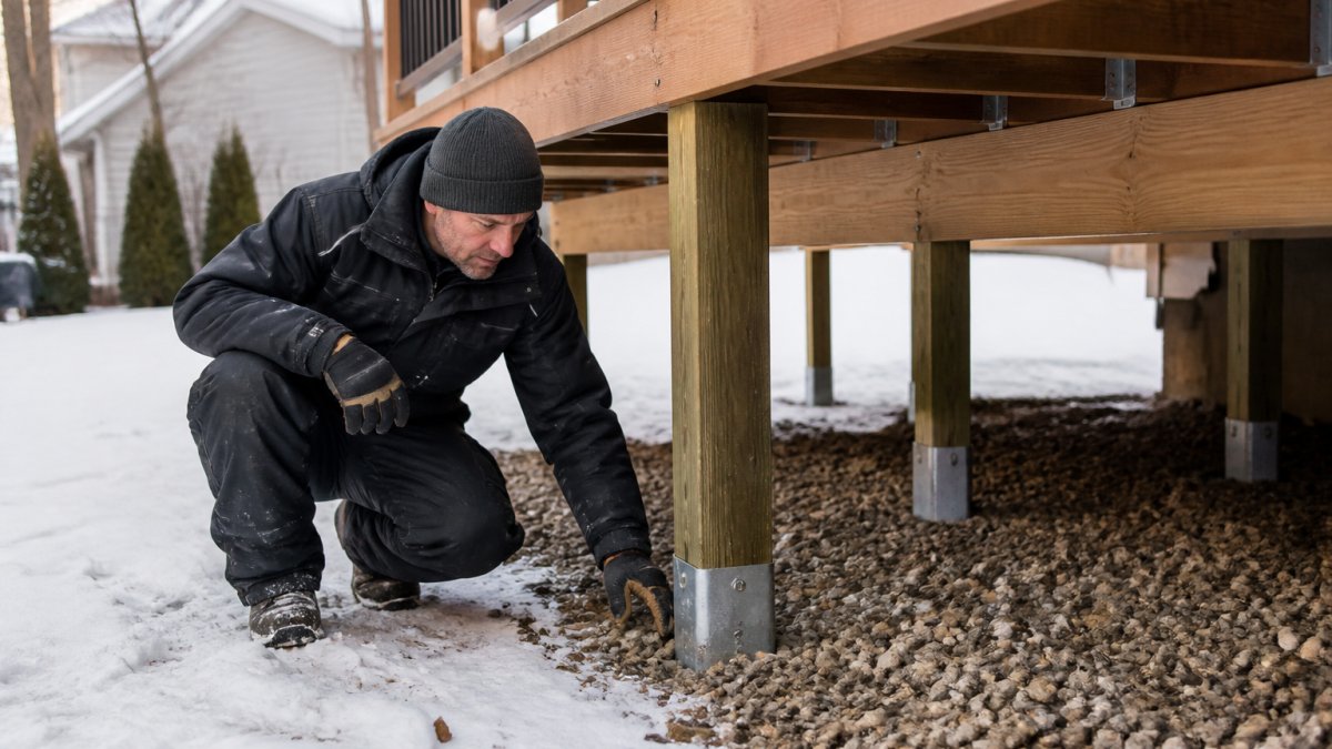 Un entrepreneur en habits de travail d'hiver inspecte la base d'une terrasse en bois, poteaux de soutien visibles dans un lit de gravier et de drainage, neige au sol et cour arrière de banlieue en arrière-plan