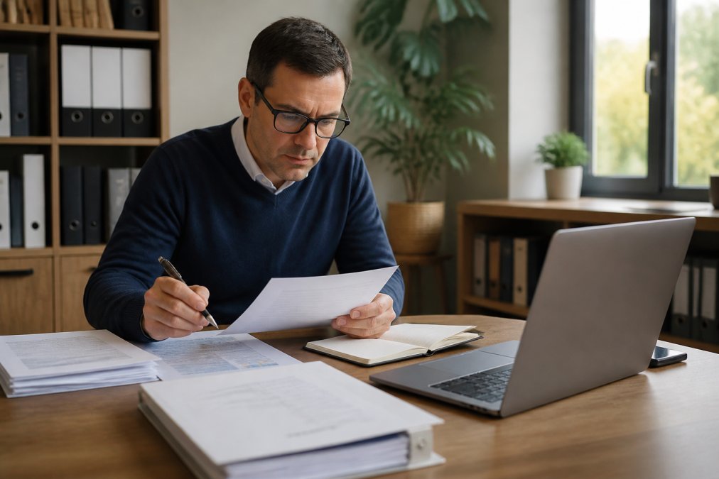 Investisseur immobilier consultant des documents fiscaux et un contrat de location à son bureau, ordinateur affichant des données de marché et graphiques de rendement