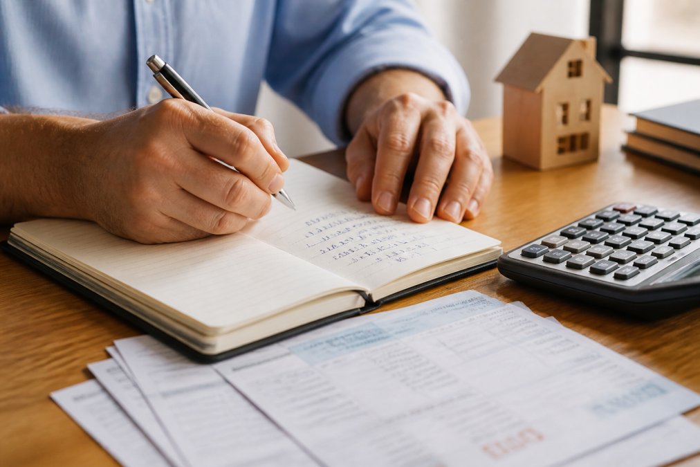 Gros plan des mains d'un professionnel écrivant des calculs de rendement et de flux de trésorerie sur un carnet avec une calculatrice et des relevés bancaires à proximité