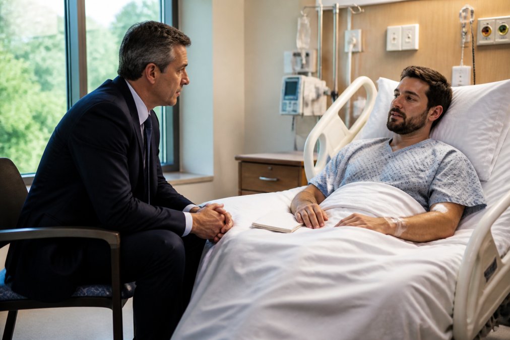 A professional hospital visit lawyer discusses a personal injury case with a patient resting in a hospital bed.