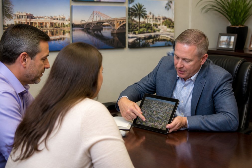 Real estate agent sitting at desk with prospective buyer, reviewing neighborhood market data and price comparisons on tablet, professional office setting with local community photos on wall