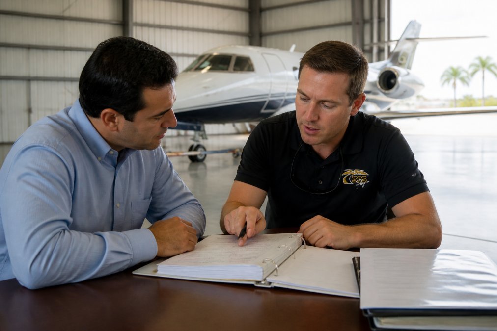Infographic process for an aircraft seller reviewing maintenance logs with a certified mechanic in a hangar