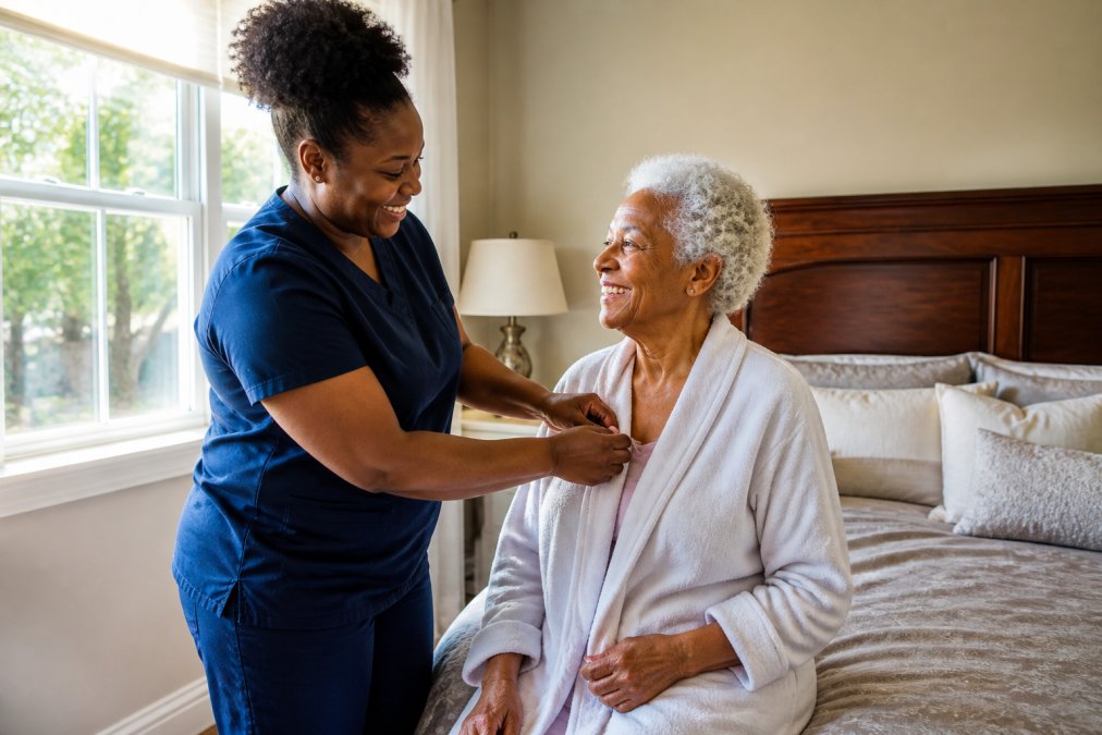 Professional caregiver assisting an elderly resident in a bright bedroom while considering questions to ask assisted living