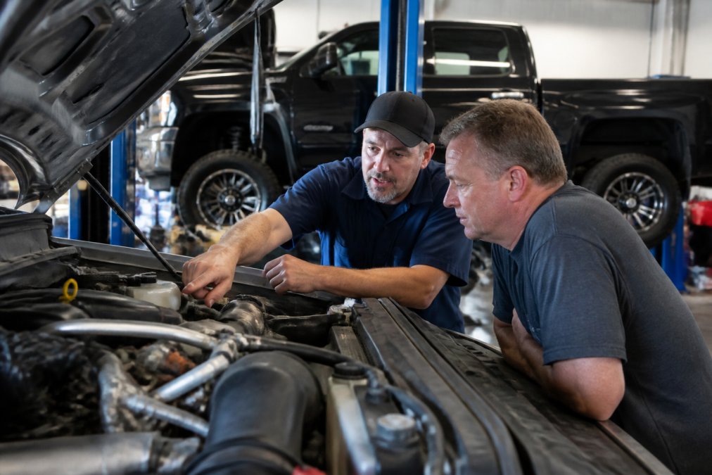 Certified technician pointing to a specific engine component while explaining the repair issue to a vehicle owner across the hood of a lifted truck in a well-lit repair bay