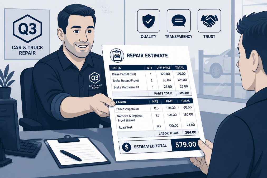 Service advisor handing a detailed written repair estimate document across a desk to a customer, showing clear line items with parts, labor hours, and itemized costs in a professional office setting