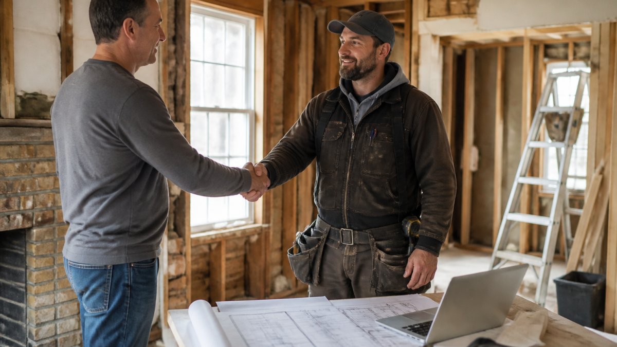 A homeowner and a general contractor shaking hands in a partially renovated home, with blueprints and a laptop on a nearby table