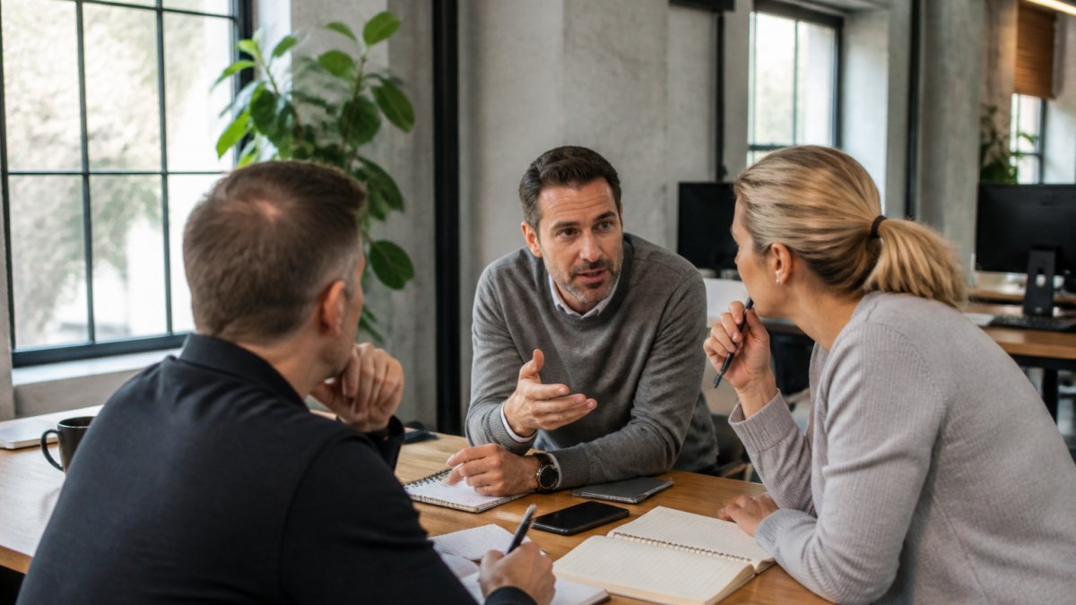 Marketing professional reviewing analytics dashboards and campaign performance data on multiple monitors in modern office setting with natural lighting