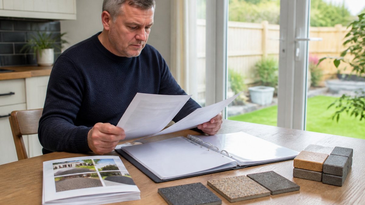 Homeowner reviewing paving contractor credentials and guarantee documents at kitchen table with natural afternoon light