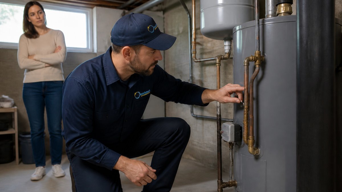 Professional plumber in uniform examining water heater system in residential basement with homeowner observing in background, natural lighting from basement window