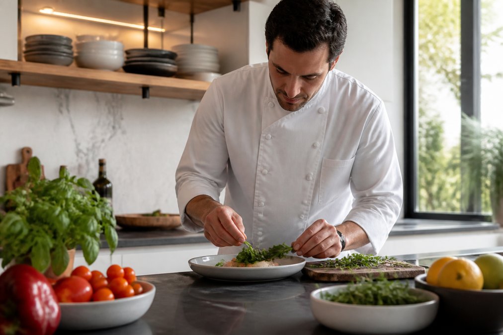 Professional private chef in chef's whites preparing fresh ingredients at a home kitchen counter, with fresh produce and herbs visible, natural afternoon lighting