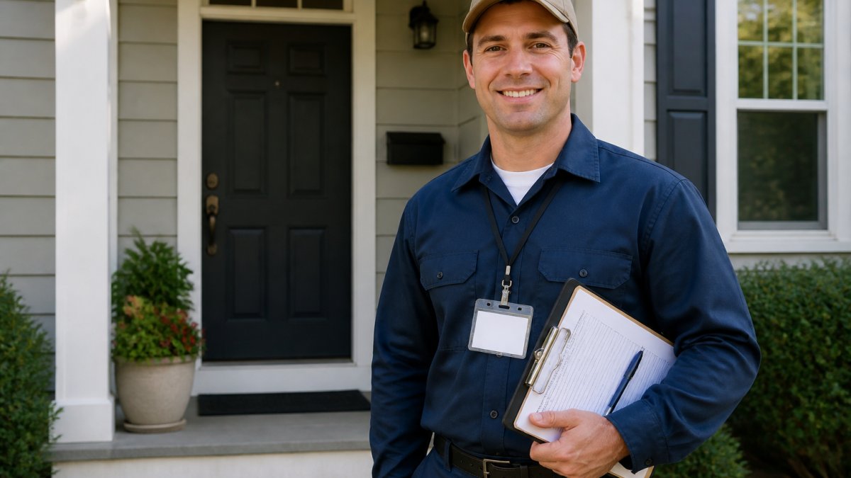 Professional pest control technician in uniform holding clipboard and credentials badge standing in front of residential home entrance