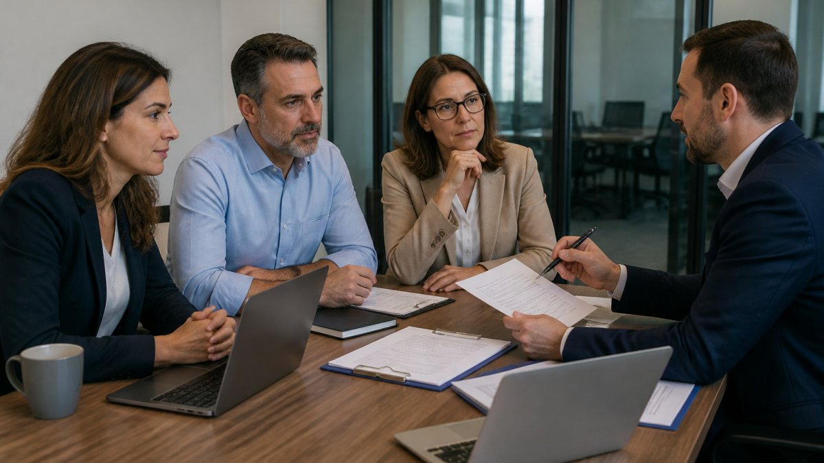 Professional business team in conference room meeting with IT support vendor representative, reviewing service documents and discussing contract terms at wooden table with laptops
