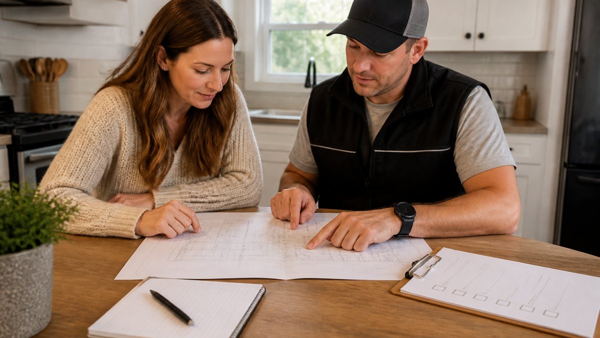 Homeowner and contractor reviewing blueprints and the checklist of questions to ask before hiring contractors
