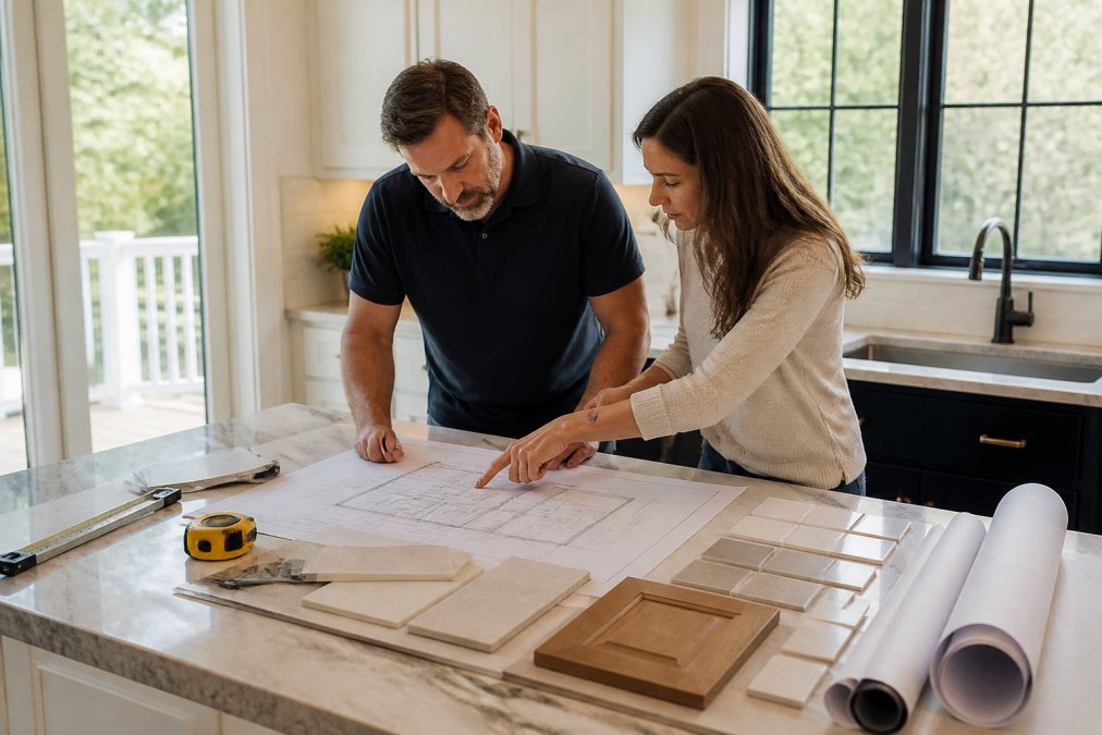 Homeowner and contractor reviewing kitchen blueprints and design plans together at a countertop, with natural light streaming through windows, discussing project scope and details