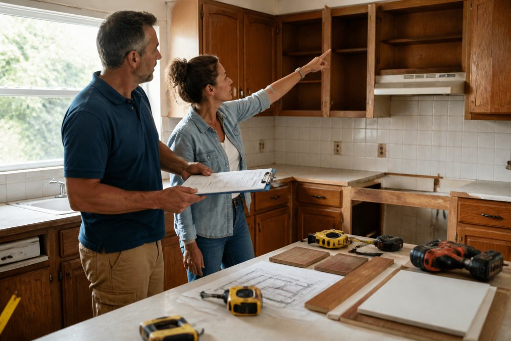 A couple uses a clipboard and tape measure to plan their kitchen remodeling in an outdated space