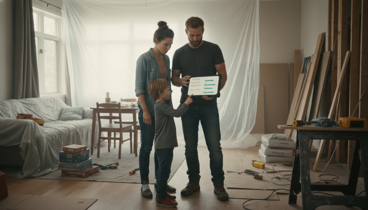 A family standing in a partially renovated living room with plastic sheeting dividing the construction zone from the living area, parents and a child looking at a project timeline on a tablet together, construction materials visible in the background